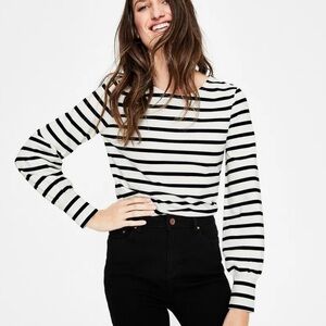 Boden Lena Breton Black & White Striped Long-Sleeve Top, Crew Neck, Cotton, US 2